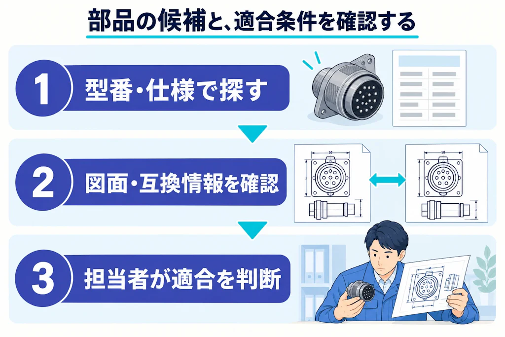 型番から仕様・図面・互換情報をたどり、部品の適合を確認する図
