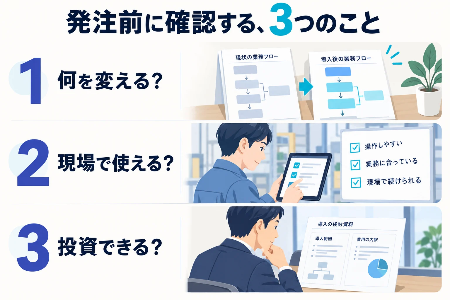 改善する業務、現場で使えるか、費用と効果を発注前に確認する図