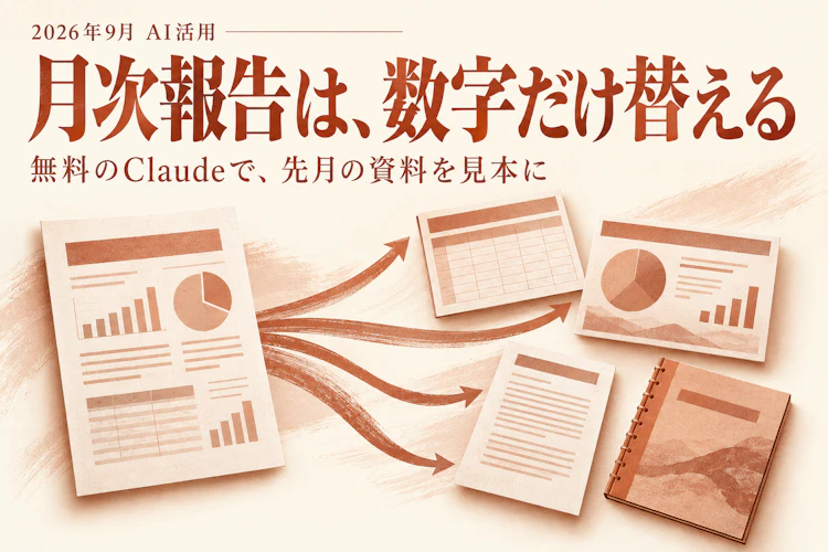 無料のClaudeで月次報告を作り直す：先月の資料を見本に、数字だけ差し替える アイキャッチ