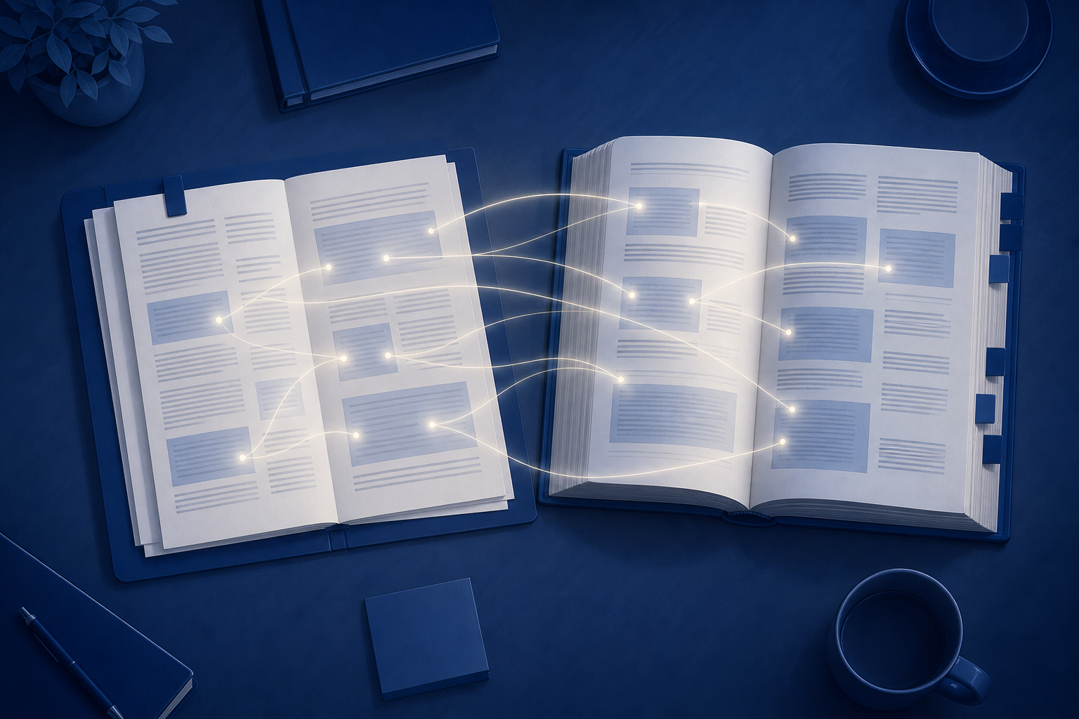ネイビーを基調に、机に広げた契約書と仕様書の束を上から俯瞰し、離れたページの関連箇所を一本の細い光の線でつないでいる概念図。虫眼鏡で一点を拡大するのではなく、全体を保持しながら対応関係をたどる様子。文字や数字は描かない。