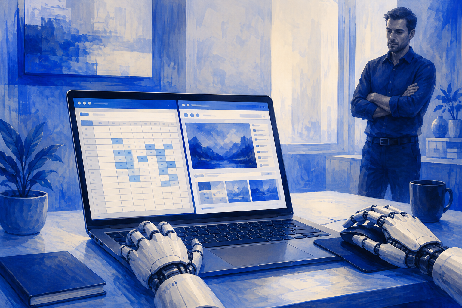 コバルトブルー基調。机の上のノートパソコンに向かって、人型ではなくロボットの手が自分でキーボードとマウスを操作し、画面には表計算とブラウザのウィンドウが並ぶ。人は少し離れて腕組みで見守っている。AIが自分で手を動かす様子を表す概念図。文字や数字は描かない。