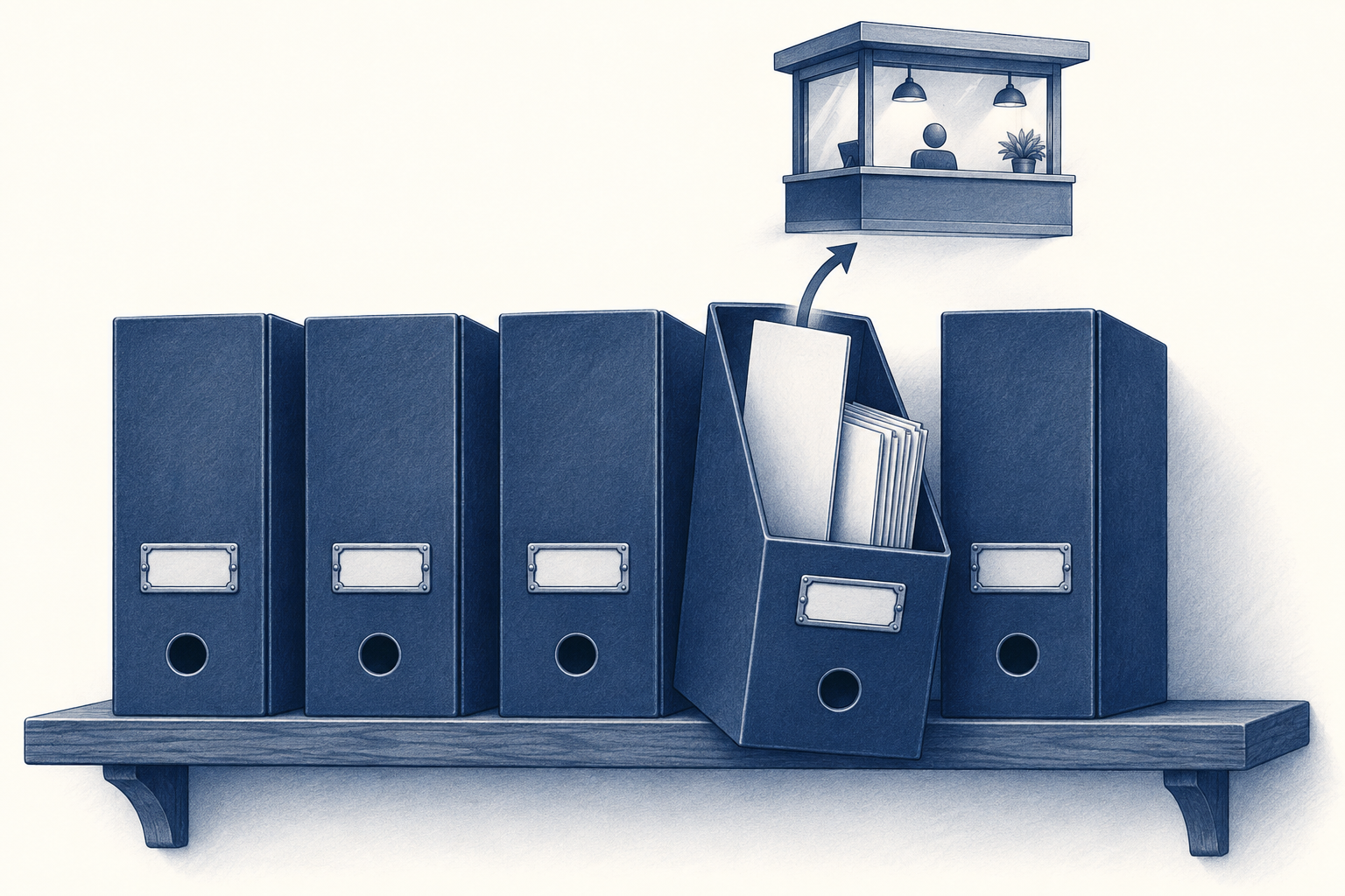 濃紺(ネイビー)を基調にした概念図。ラベルの付いた複数のフォルダ(作業スペース)が本棚のように並び、それぞれの中に、指示書と資料の束が常設で収まっている様子を描く。一つのフォルダを開くと、その業務専用の窓口が立ち上がるイメージを矢印で示す。文字や数字は描かない。