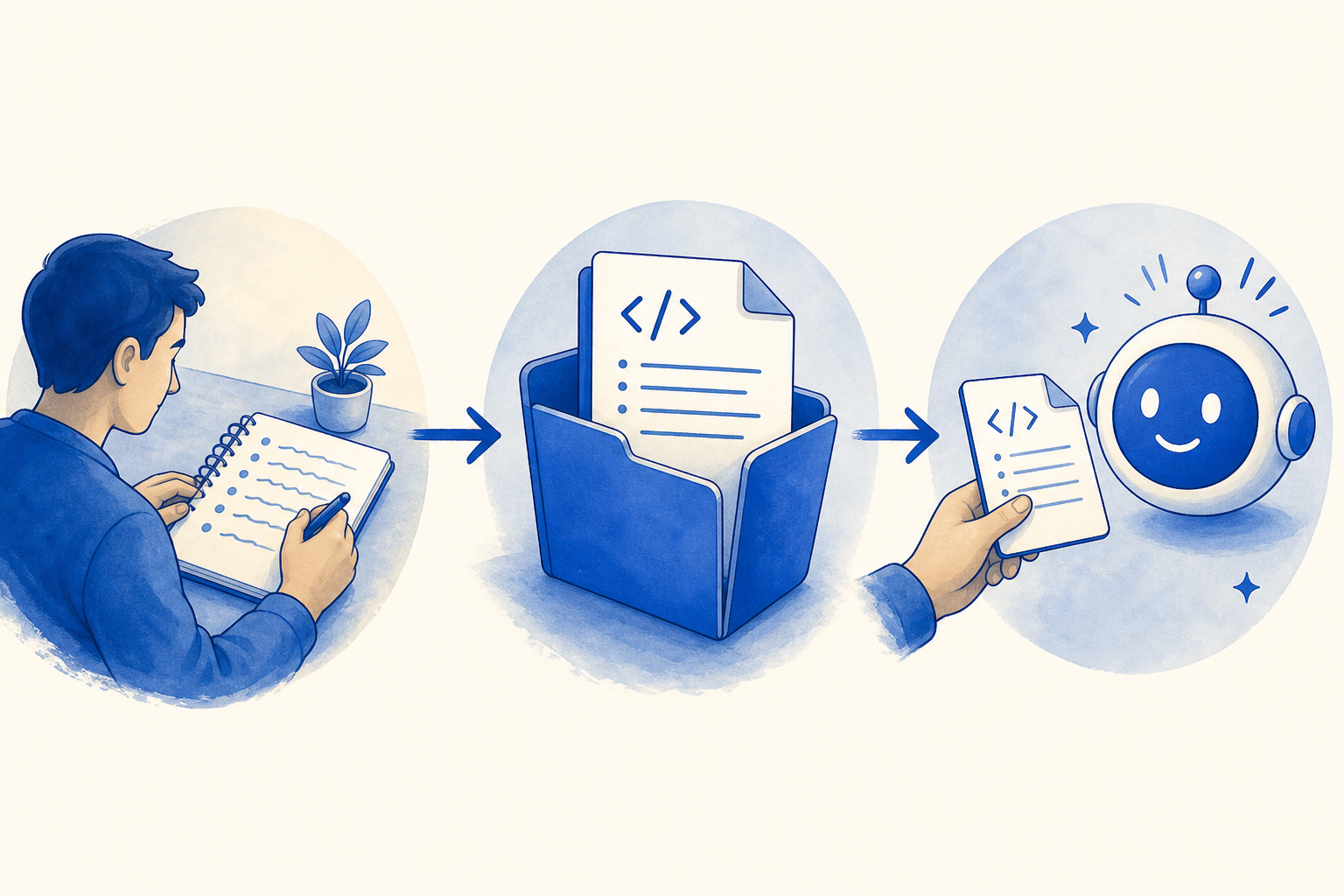 人がノートに業務手順を箇条書きで書き込み、その手書きメモがフォルダの中のSKILL.mdファイルに変換され、Claudeを表す円形のアイコンに手渡される、という左から右への3段階の流れ図。プログラミング不要で手順書がスキルになることを表す。コバルトブルーの濃淡とオフホワイトで陰影をつける。文字は入れない