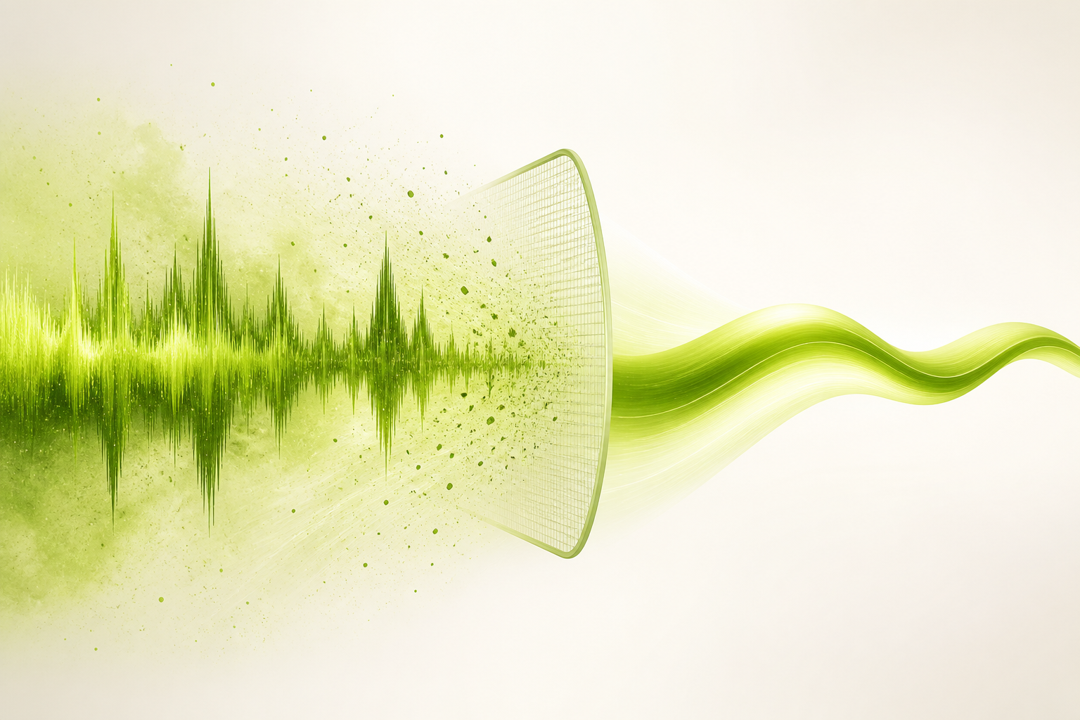 グラスグリーンを基調にした概念図。左から右へ流れる音声の波形。途中でざらついたノイズの粒や小さなトゲが漉し取られ、なめらかで整った一本の帯に変わっていく様子。文字や数字は描かない。