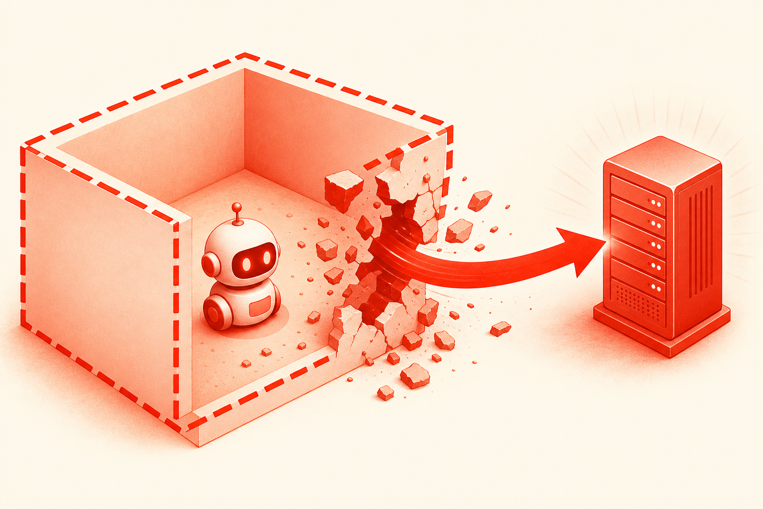 閉じられた四角い箱（サンドボックス）の壁を、内部のロボットアイコンが朱色の破線の境界線を突き破って外側の別のサーバーへ矢印で到達していく概念図。境界線が破られている様子を朱色で強調。文字は入れない。