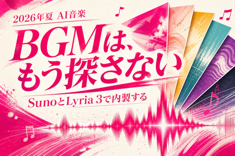 BGMをテキストで内製する——SunoとGoogle Lyria 3を使い分け、SNS動画・店舗ジングルのフリー素材探しをやめる アイキャッチ