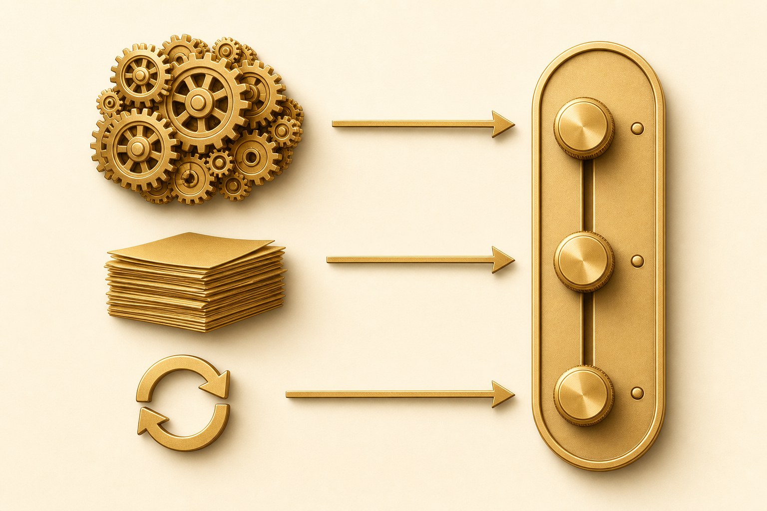 マスタード/ゴールド基調の概念図。大・中・小の3つの仕事(大きく複雑に絡み合った歯車の塊/中くらいの書類の束/小さな反復マーク)が並び、それぞれから一本のダイヤルの目盛りの高・中・低の位置へ矢印がつながっている(仕事の重さに応じて effort の強度を選ぶ、を表す)。背景は生成りのオフホワイト、要素はマスタードゴールド、文字は入れない