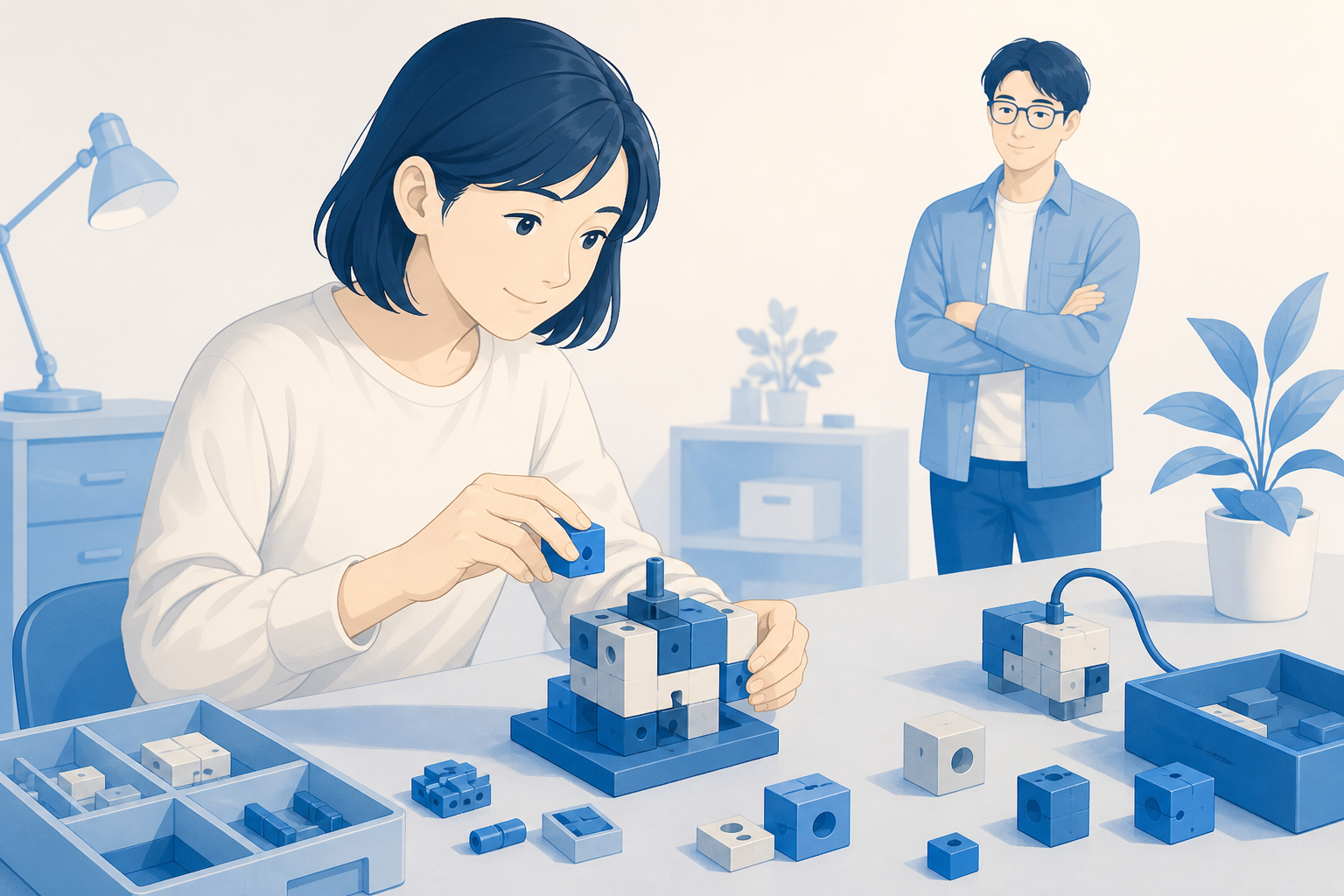 非エンジニアの現場担当が主役であることを表す概念図。普段着の担当者が、複雑な配線やソースコードではなく、積み木のようなブロックを手で組み合わせて小さな装置を組み立てている様子。技術者は後ろで見守るだけ。コバルトブルーを基調に、文字や数字は描かない。