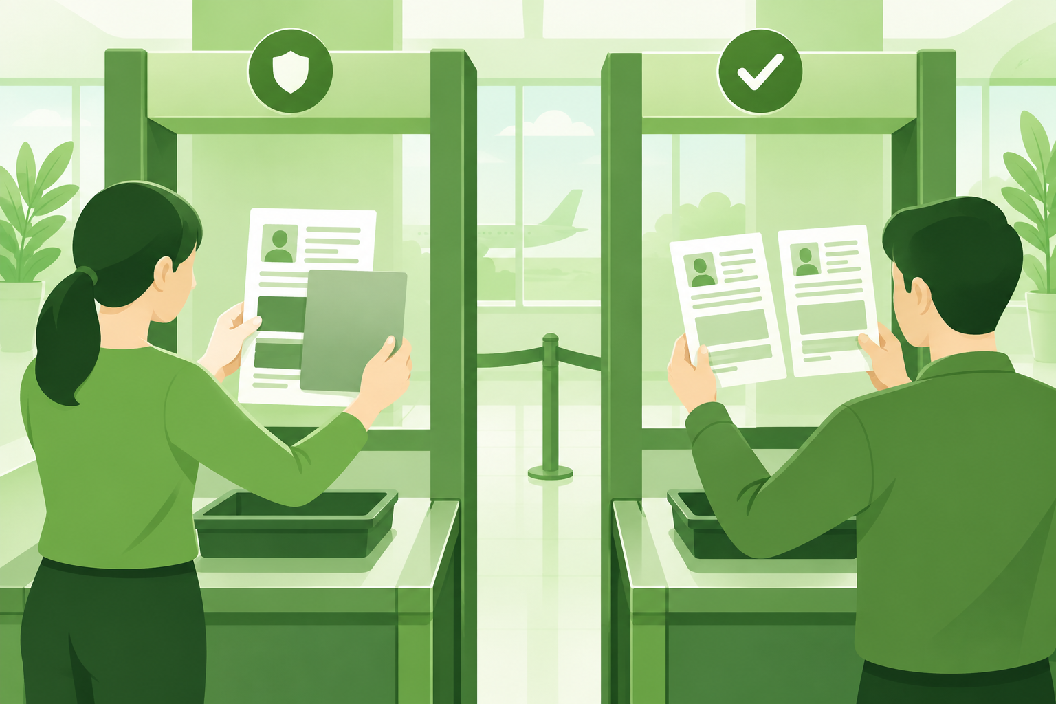 入口の関所で帳票の機密情報に目隠しシートをかけ、出口の関所で担当者が原本と照合してチェックする二段構えの概念図。グラスグリーンを基調にした平面イラスト。文字や数字は描かない。