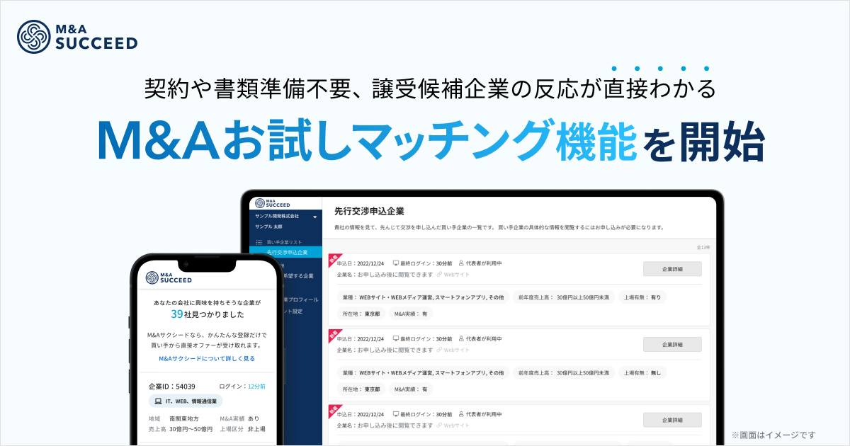 業界初！契約や書類準備不要、譲受候補企業の反応が直接わかる 「M&Aお 