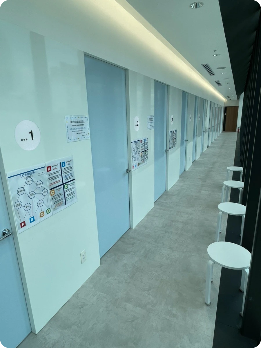 Dクリニック新宿の診察室が並ぶ廊下