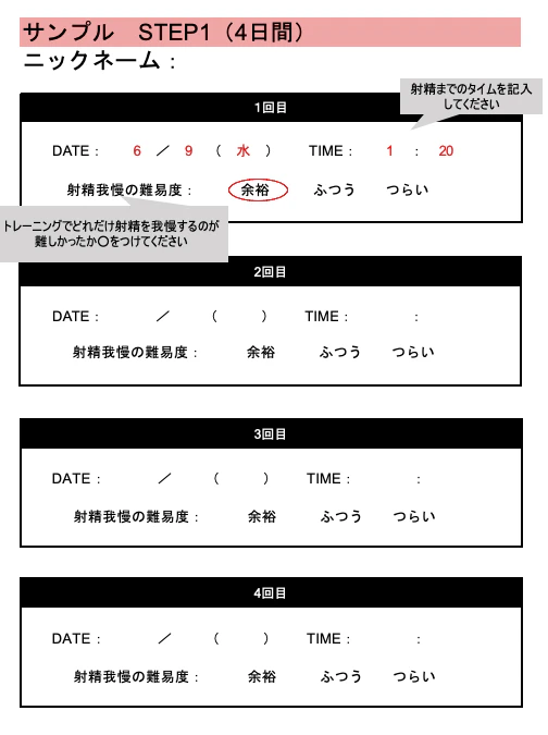 トレーニングノートの記入例(STEP1・4日間の記録欄)