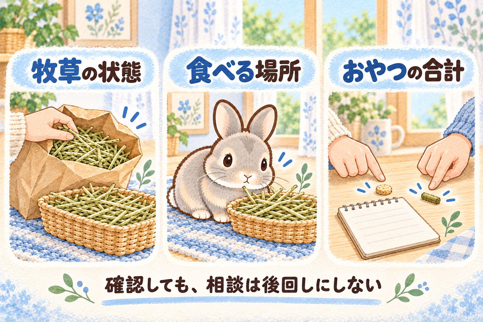 牧草の状態、ふうちゃんが口を届かせやすい食べる場所、家族が与えたおやつの合計を確認する3場面と、相談を後回しにしないことを示したブルー系の水彩イラスト