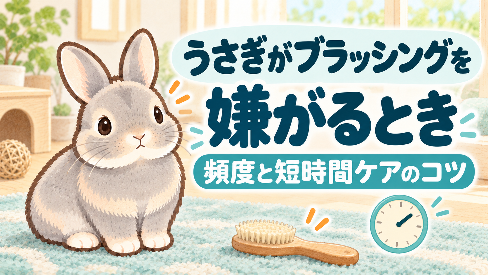 「うさぎがブラッシングを嫌がるとき 頻度と短時間ケアのコツ」の文字と、グレーのふうちゃん、柔らかなブラシ、時計を描いたターコイズ色の水彩イラスト
