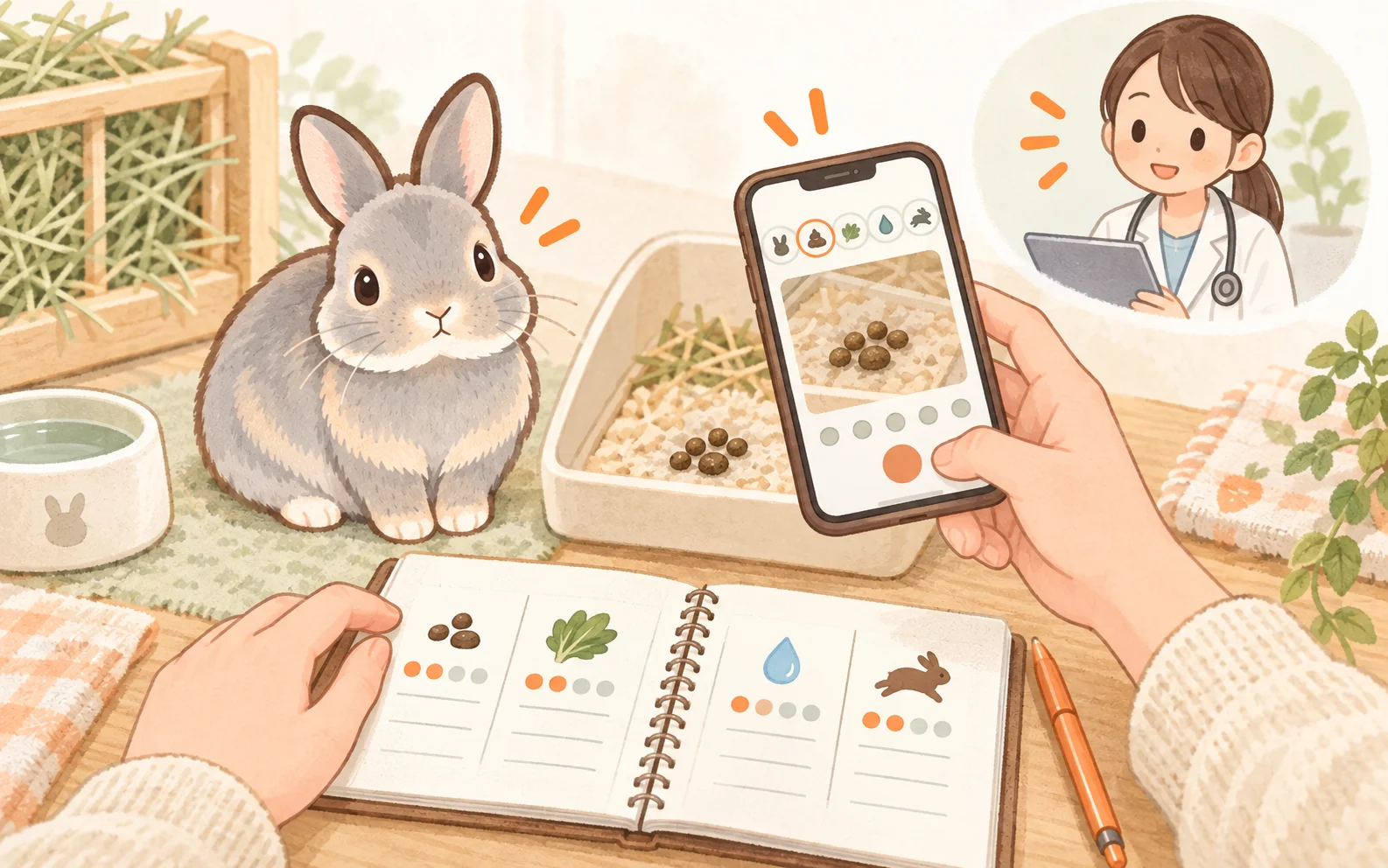 飼い主がうさぎのうんちをスマートフォンで撮影し、食事・飲水・動きとともに記録して獣医師への相談に備えるイラスト