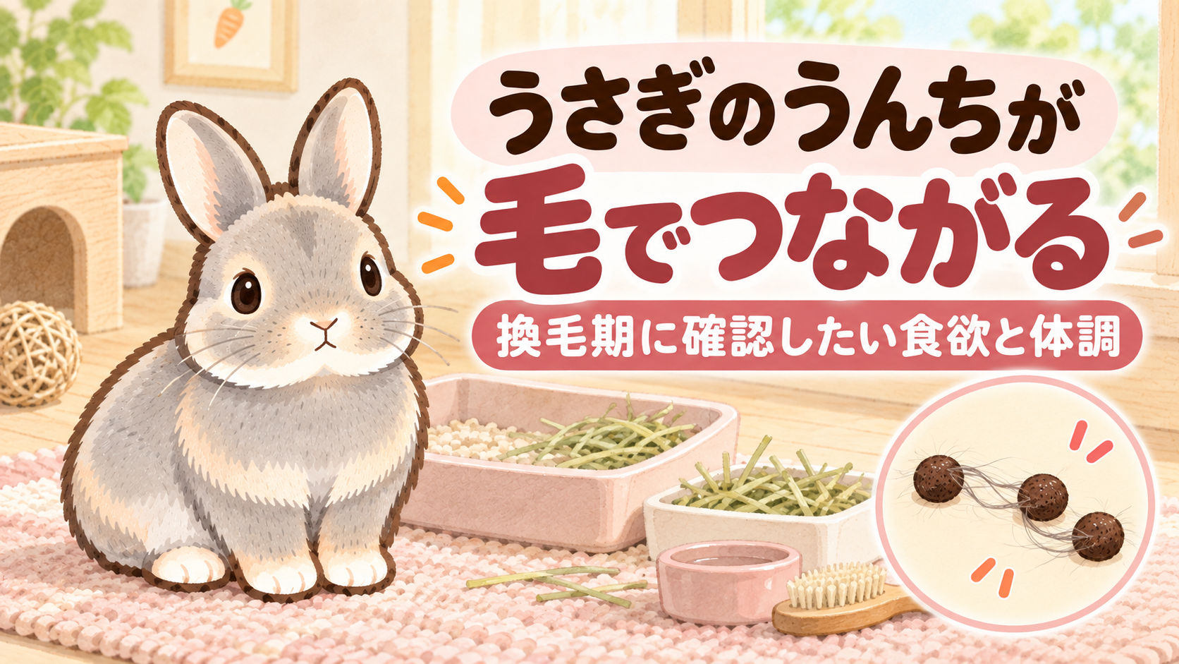 「うさぎのうんちが毛でつながる 換毛期に確認したい食欲と体調」の文字と、グレーのふうちゃん、細い毛でつながった丸い便、牧草と水、ブラシを描いたローズ色の水彩イラスト