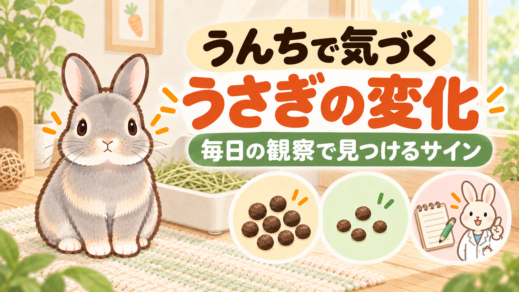 「うんちで気づく うさぎの変化」の文字と、明るい飼育スペースで正面を向いて座るふうちゃん、日々の観察と記録を表す3つのアイコンを描いたイラスト