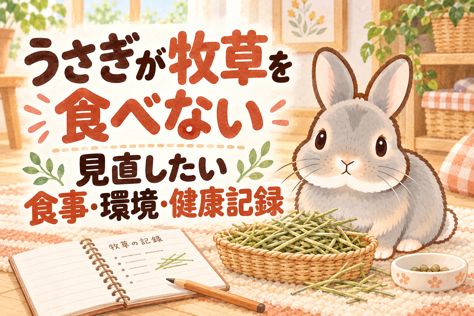 「うさぎが牧草を食べない」「見直したい食事・環境・健康記録」の文字と、牧草のそばに座るグレーのふうちゃん、記録ノートを描いた杏色と赤茶色の水彩イラスト