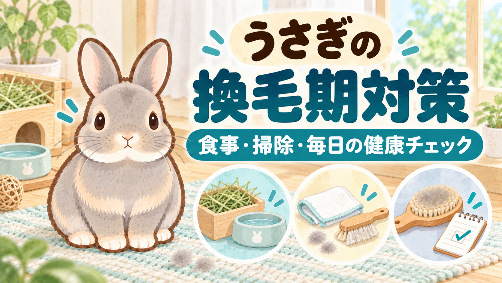 「うさぎの換毛期対策 食事・掃除・毎日の健康チェック」の文字と、グレーのふうちゃん、牧草と水、掃除用クロス、ブラシを描いたアクアと青緑の水彩イラスト