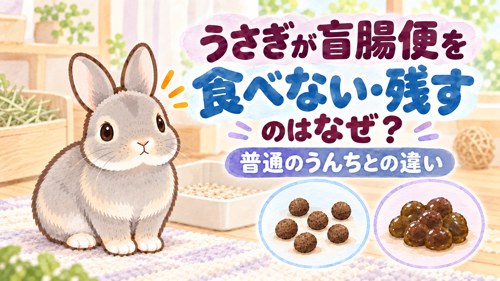 「うさぎが盲腸便を食べない・残すのはなぜ?普通のうんちとの違い」の文字と、グレーのふうちゃん、硬い丸い便と房状の盲腸便を描いたラベンダーとブルーの水彩イラスト