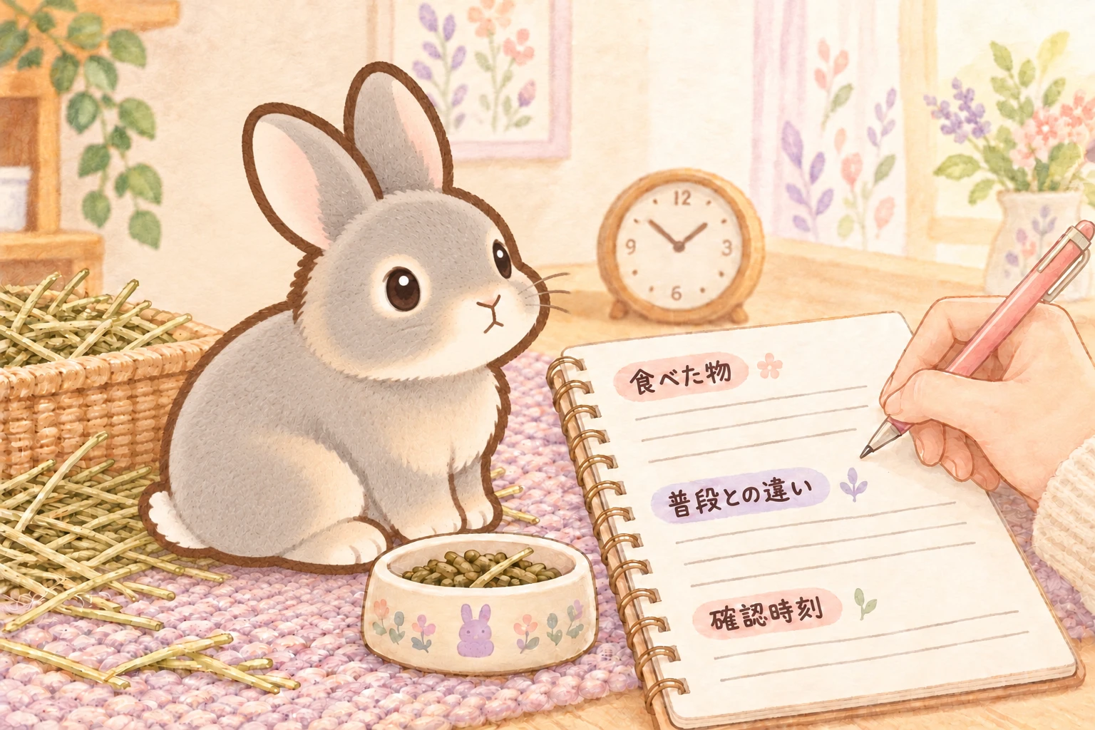 淡いグレーのふうちゃんが飼い主の手元を見上げ、食べた物・普段との違い・確認時刻をメモに残す場面を描いたイラスト