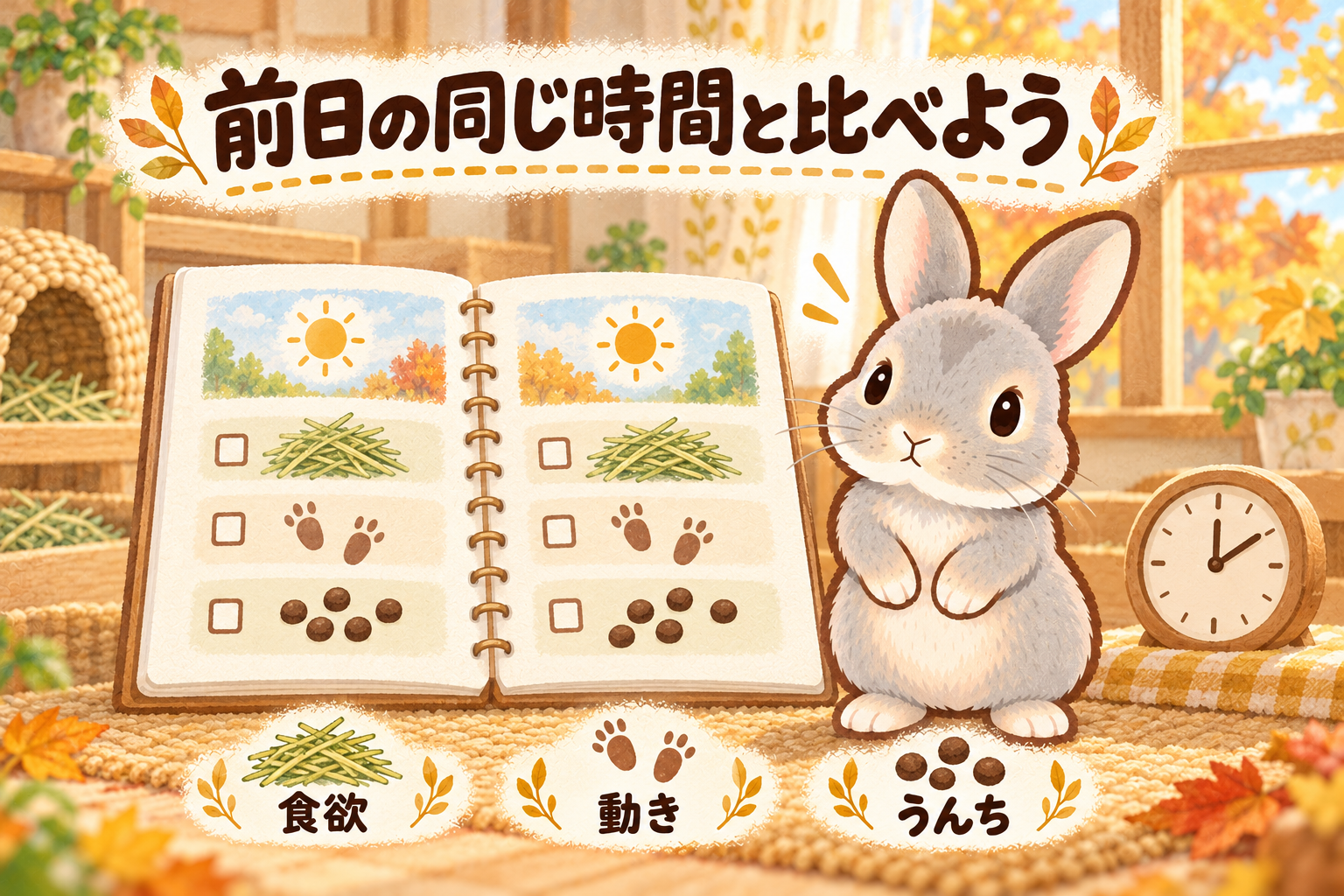 「前日の同じ時間と比べよう」の文字と、食欲・動き・うんちの記録を見比べるノート、立ち上がるグレーのふうちゃんを描いた秋色の水彩イラスト