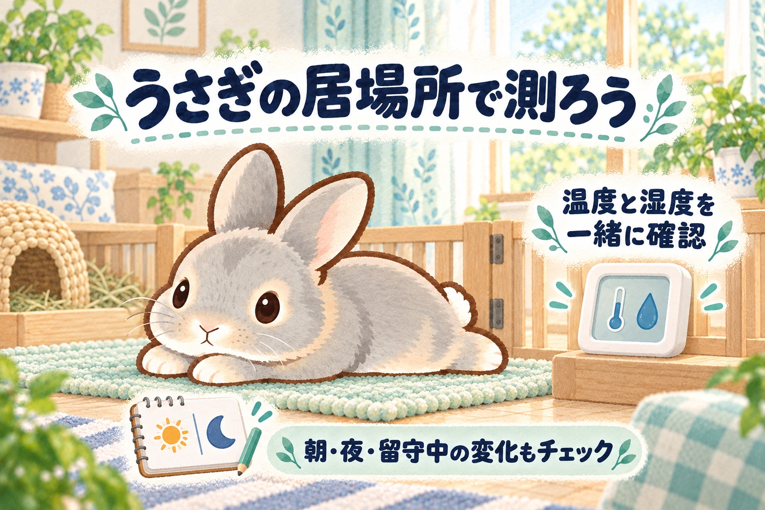 「うさぎの居場所で測ろう」の文字と、ミント色のマットで伏せるふうちゃん、囲いの外の温湿度計。温度・湿度を一緒に確認し、朝・夜・留守中の変化も見ることを伝える水彩イラスト。