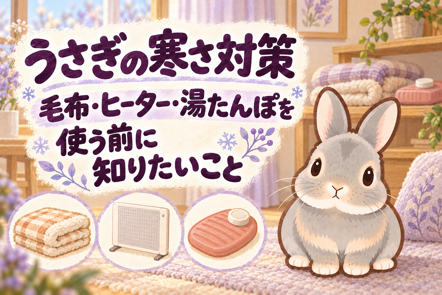 「うさぎの寒さ対策」「毛布・ヒーター・湯たんぽを使う前に知りたいこと」の文字と、床に座るグレーのふうちゃん、3用品のアイコンを描いたラベンダーと紫の水彩イラスト