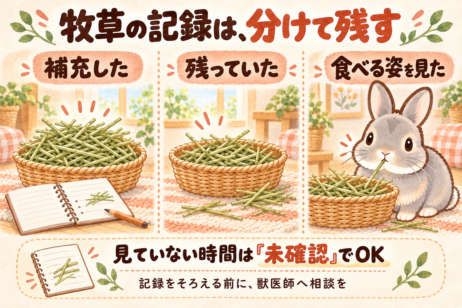 牧草を補充した量、入れ物や床に残った分、ふうちゃんが実際に食べる姿を分けて記録し、未確認の時間はそのまま残すことを示した杏色と赤茶色の水彩イラスト