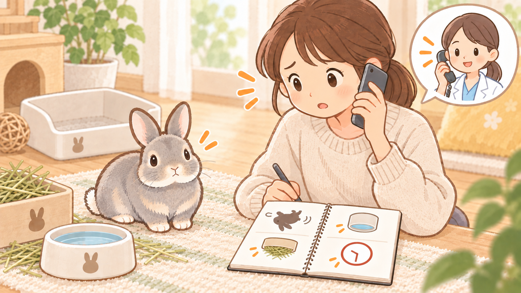 飼い主側へ向けたノートに時刻、牧草、水、動きを記録しながら、少し困った表情で動物病院へ電話する飼い主とグレーのうさぎのイラスト