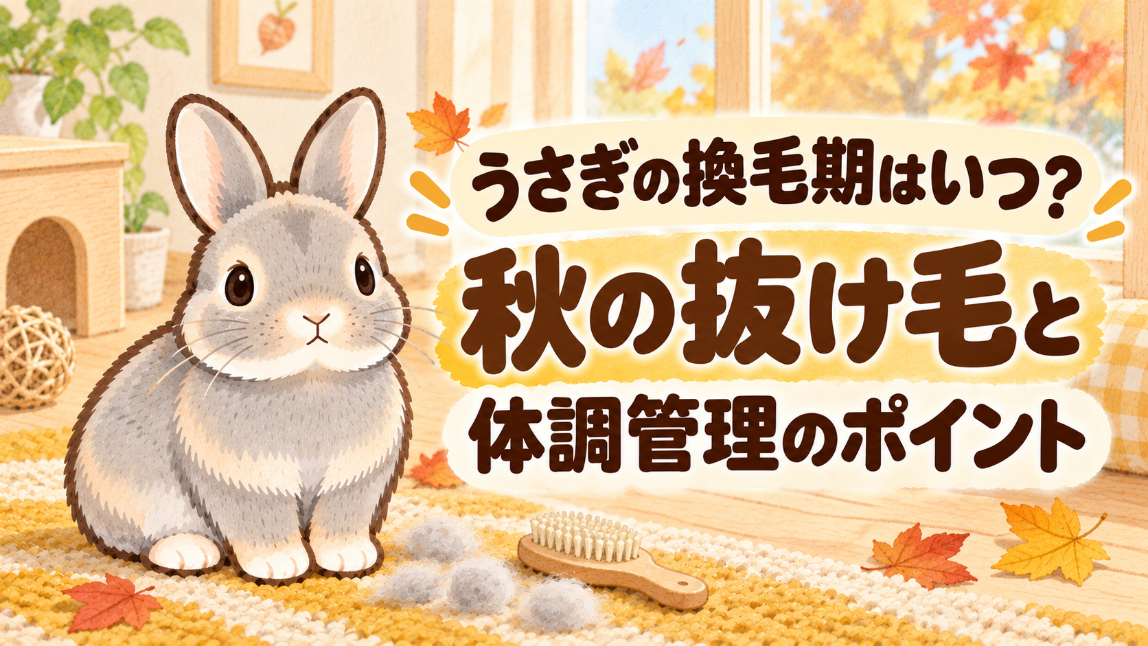 「うさぎの換毛期はいつ?秋の抜け毛と体調管理のポイント」の文字と、グレーのふうちゃん、ブラシ、秋の葉を描いた、からし色と焦げ茶の水彩イラスト