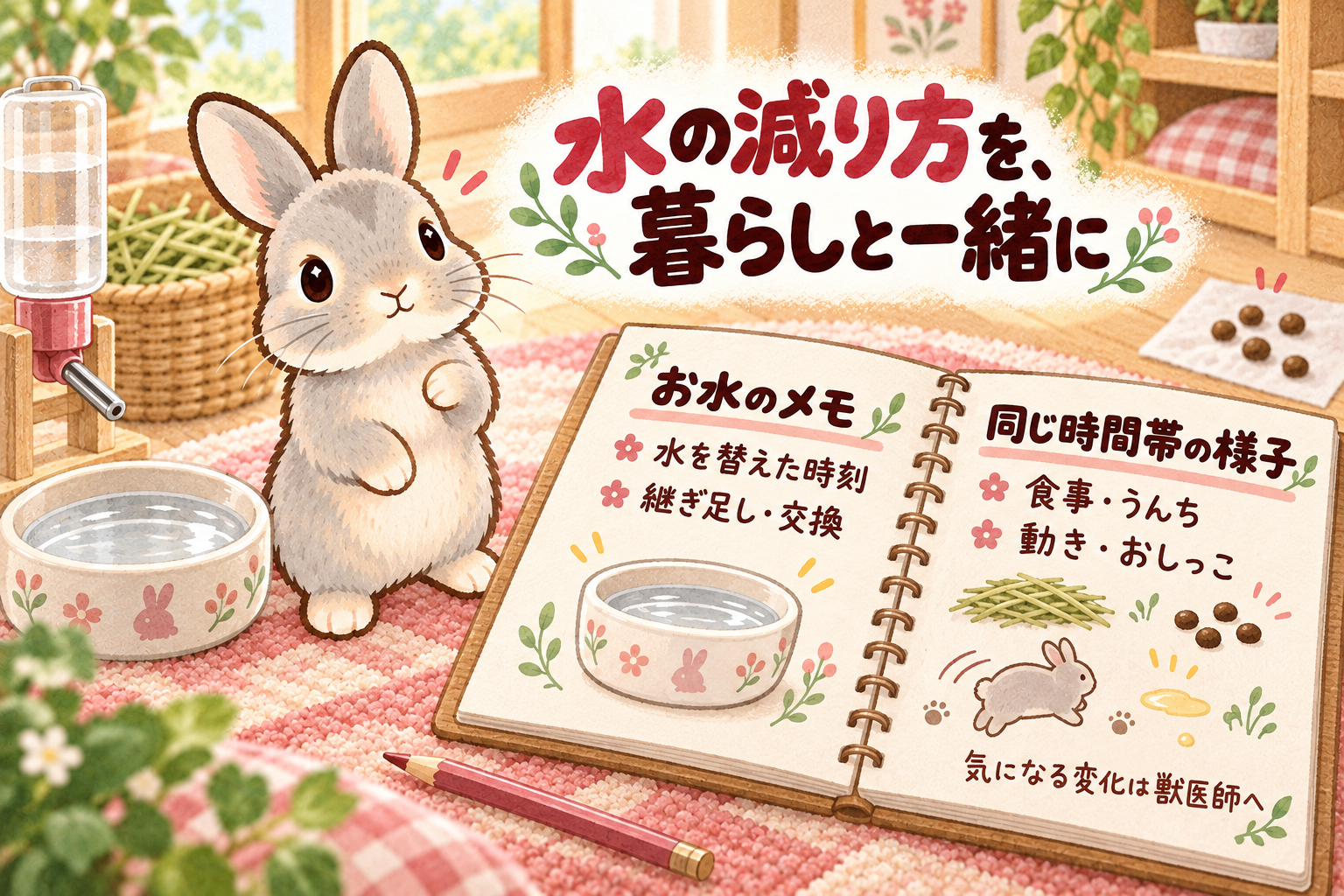 前足を上げて立ち、微笑むふうちゃんと、給水スペース、斜めに開いた観察ノートを描いた水彩イラスト。水を替えた時刻、継ぎ足し・交換と、同じ時間帯の食事・うんち・動き・おしっこを記録し、気になる変化は獣医師へ相談することを伝える