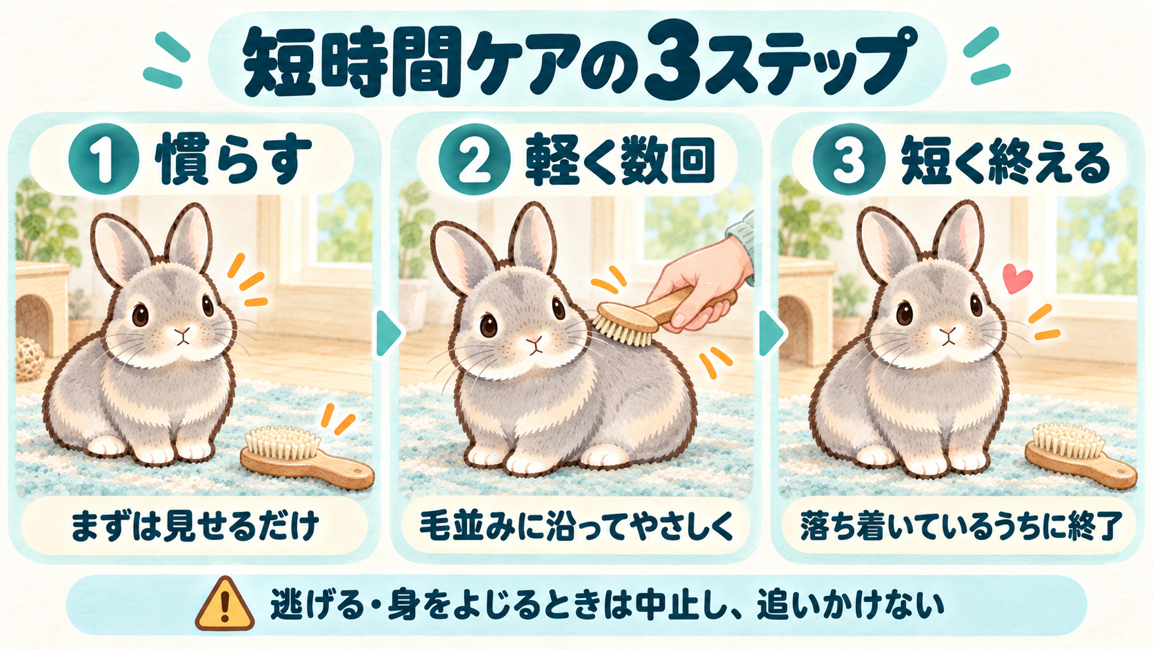 ブラシを見せて慣らす、毛並みに沿って軽く数回とかす、落ち着いているうちに短く終える3ステップを、ふうちゃんと示すターコイズ色の水彩イラスト