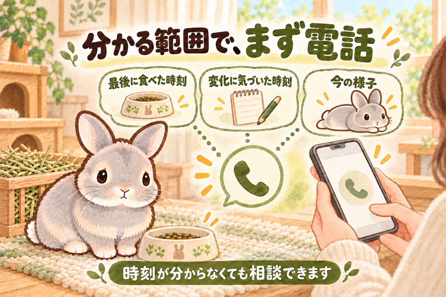 食器のそばのふうちゃんと、最後に食べた時刻・変化に気づいた時刻・今の様子を分かる範囲で獣医師へ電話で伝えることを示す、オリーブとクリーム色の水彩イラスト