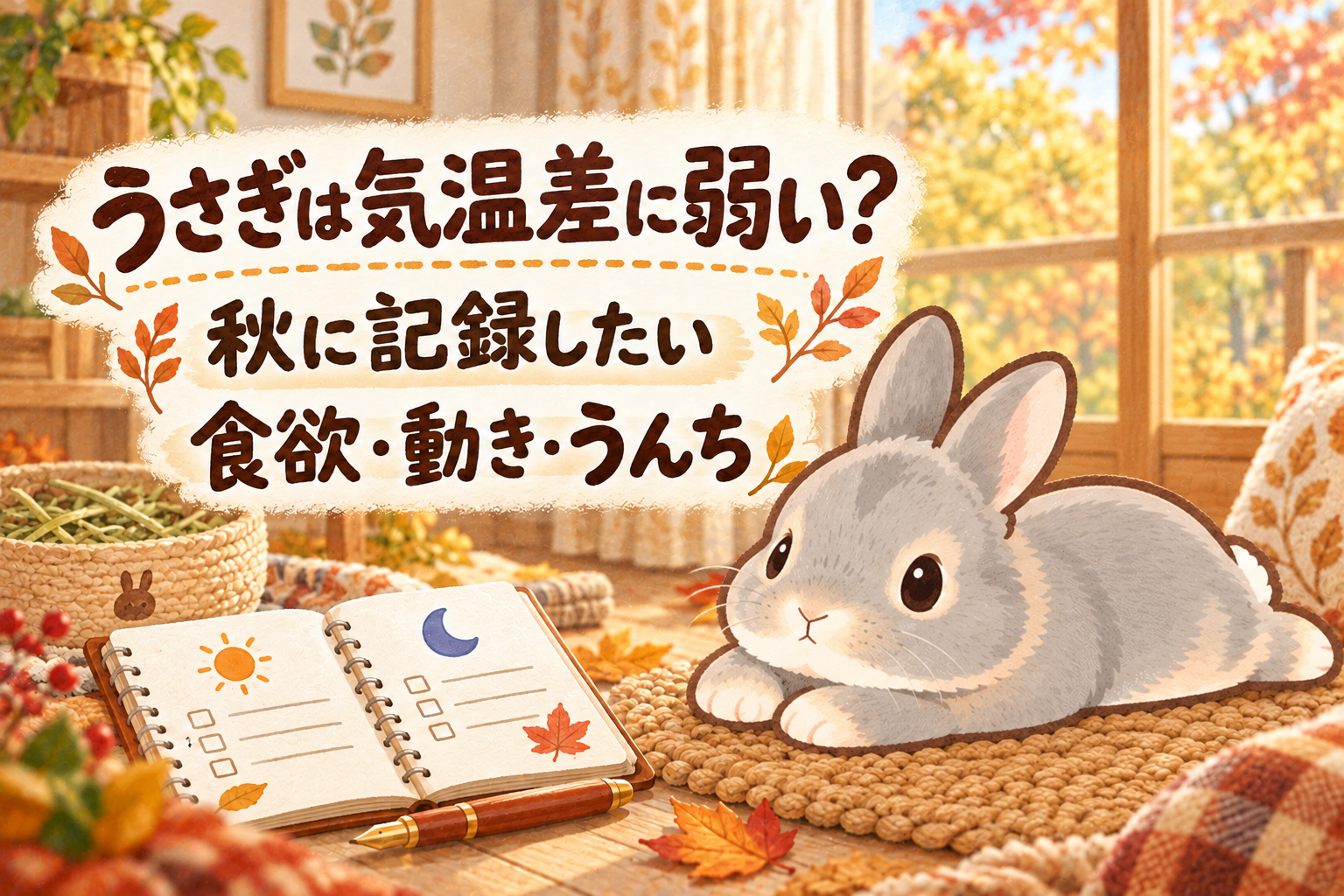 「うさぎは気温差に弱い?秋に記録したい食欲・動き・うんち」の文字と、前足を伸ばして伏せ、朝夕の観察ノートへ顔を向けるグレーのふうちゃんを描いた、キャメルとセピアの水彩イラスト