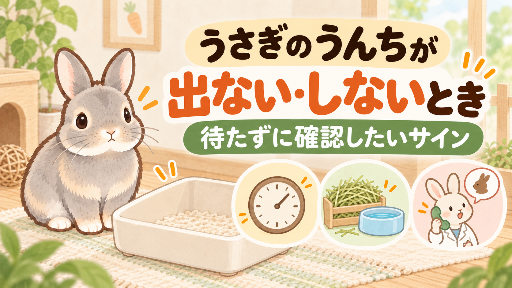 「うさぎのうんちが出ない・しないとき、待たずに確認したいサイン」の文字と、空のトイレを見るグレーのうさぎ、確認項目のアイコンを描いたイラスト