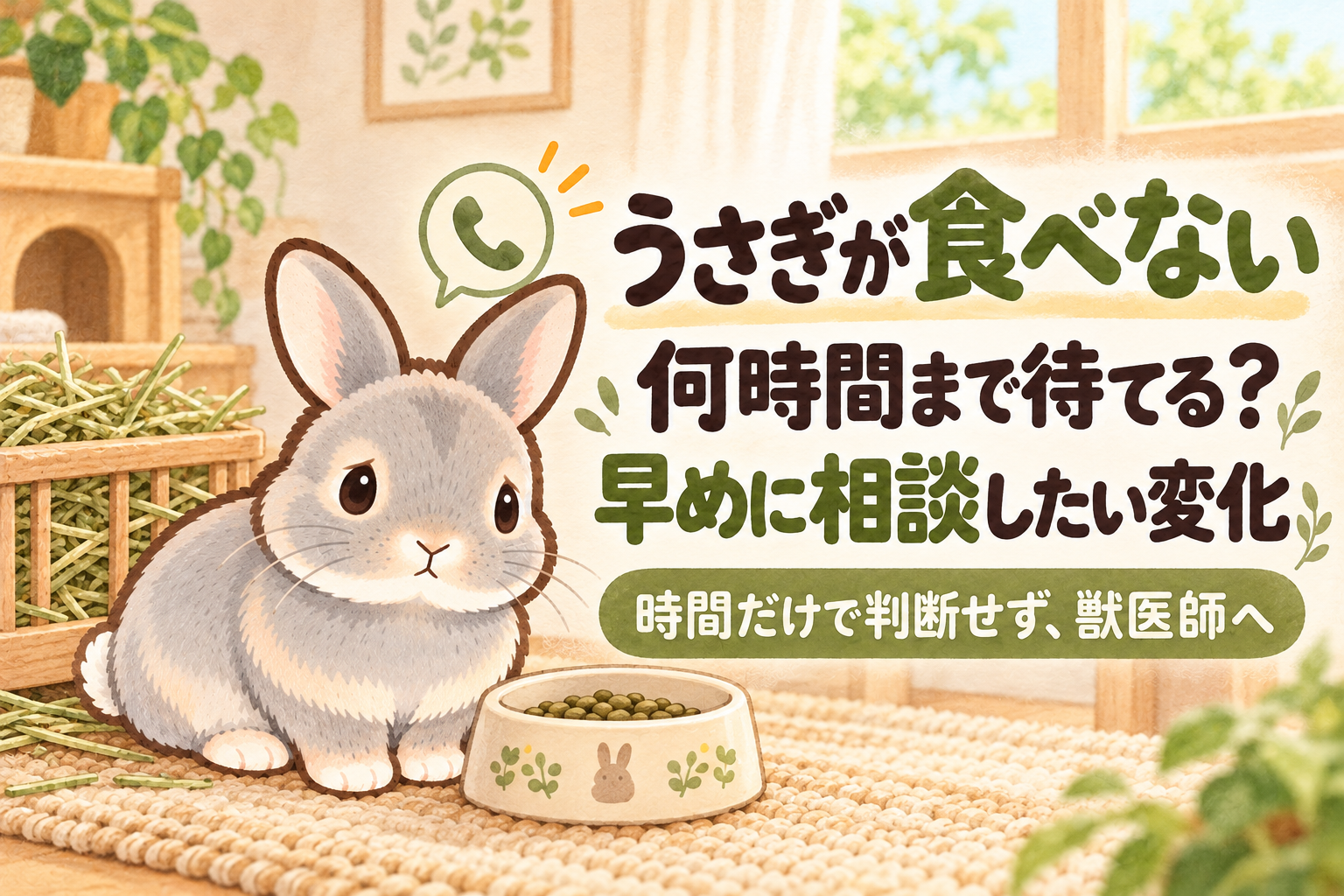 「うさぎが食べない 何時間まで待てる? 早めに相談したい変化」の文字と、食器のそばに座るグレーのふうちゃん、電話のアイコンを描いたオリーブとクリーム色の水彩イラスト