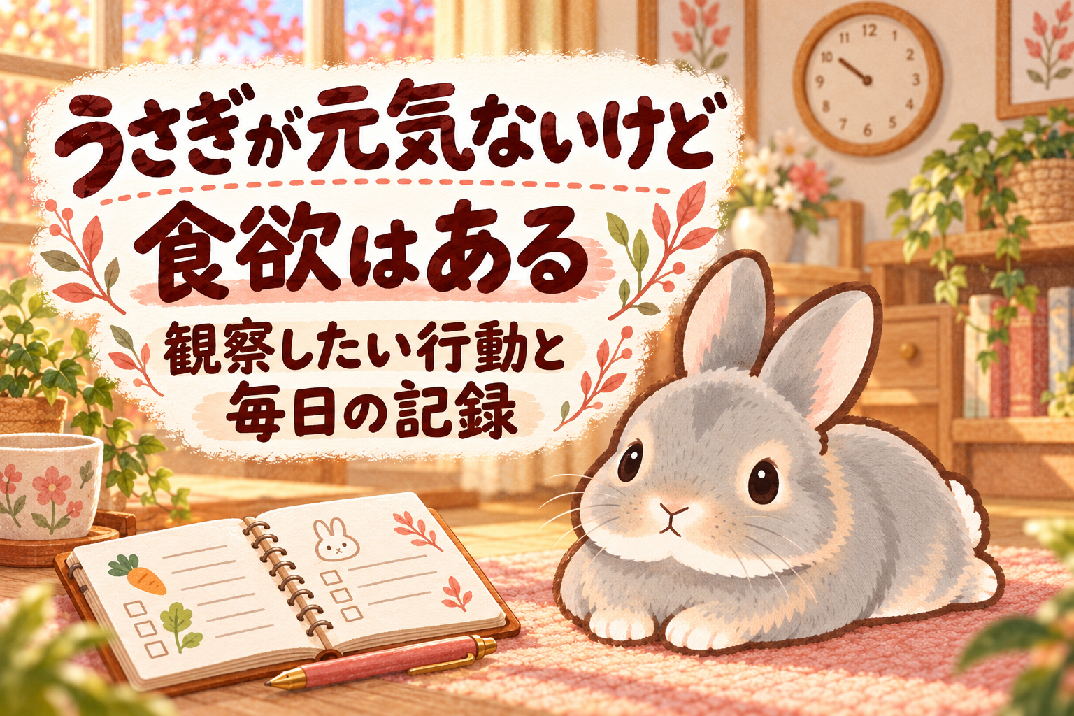 「うさぎが元気ないけど食欲はある」「観察したい行動と毎日の記録」の文字と、グレーのふうちゃん、観察ノートを描いたコーラルとサーモン色の水彩イラスト