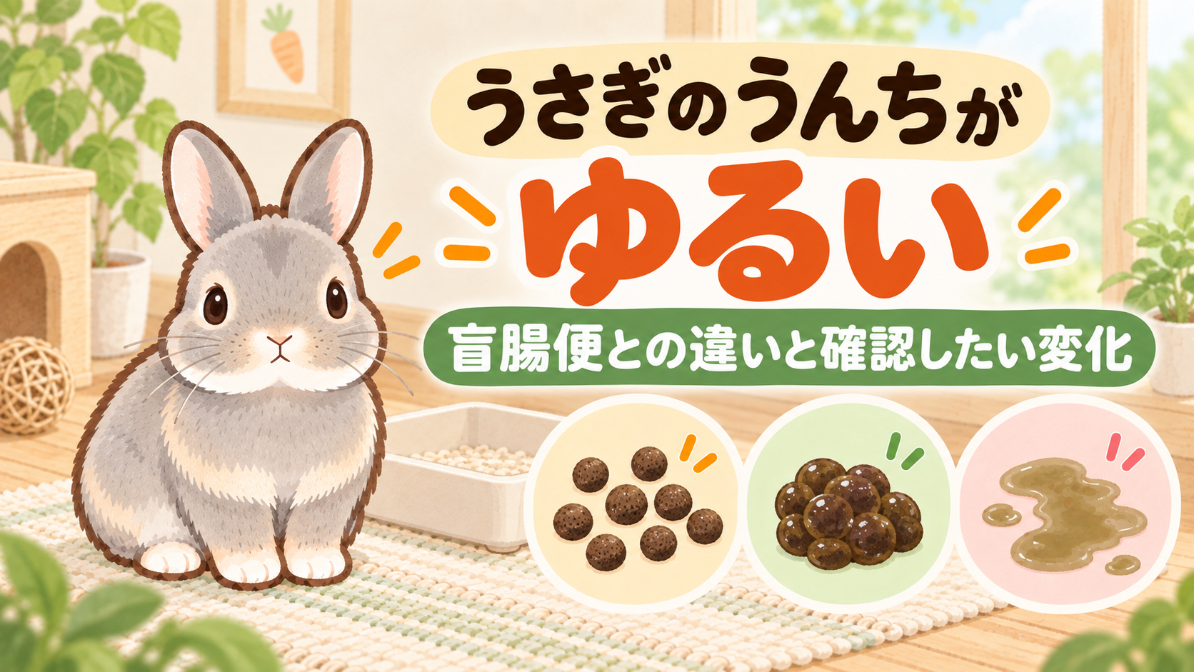 「うさぎのうんちがゆるい 盲腸便との違いと確認したい変化」の文字と、グレーのうさぎ、硬い便・盲腸便・水っぽく形のない便を表す3つの確認アイコンを描いたイラスト
