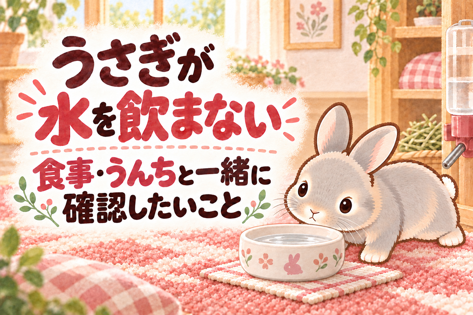 「うさぎが水を飲まない」「食事・うんちと一緒に確認したいこと」の文字と、首をかしげて水の器をのぞき込むふうちゃんを描いたローズとプラム色の水彩イラスト