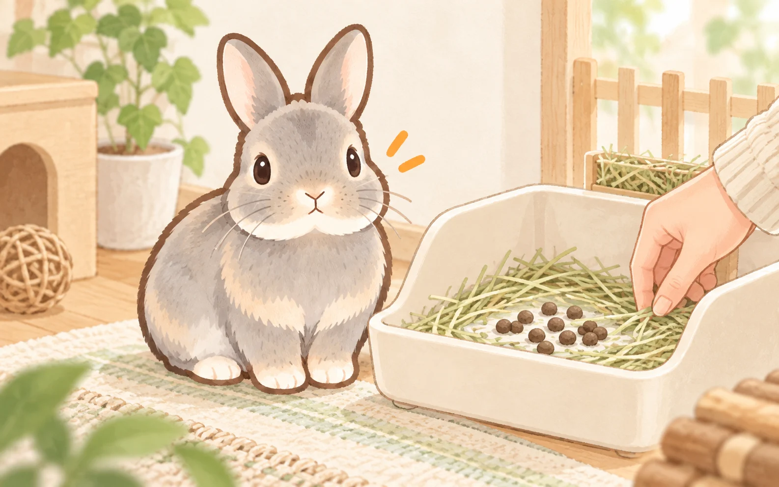 明るい飼育スペースで、飼い主がオパールのうさぎのトイレに残ったうんちを確認しているイラスト