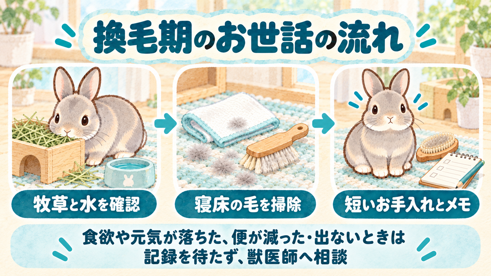 牧草と水の確認、寝床の抜け毛掃除、短いお手入れとメモを、ふうちゃんと一緒に示すアクアと青緑の水彩イラスト