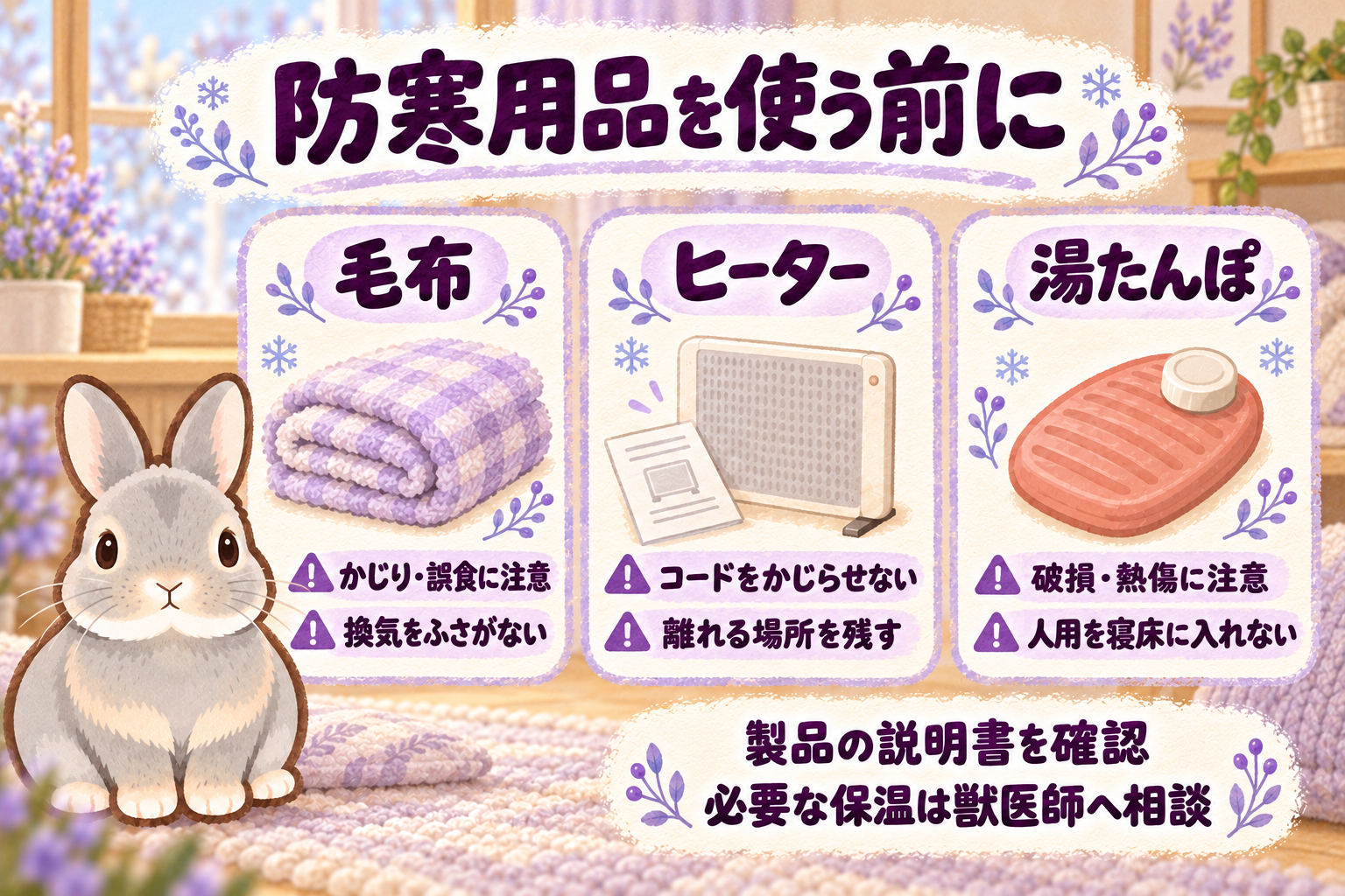 毛布はかじりと換気、ヒーターはコードと離れる場所、湯たんぽは破損と熱傷に注意することを、ふうちゃんと示すラベンダー色の水彩イラスト