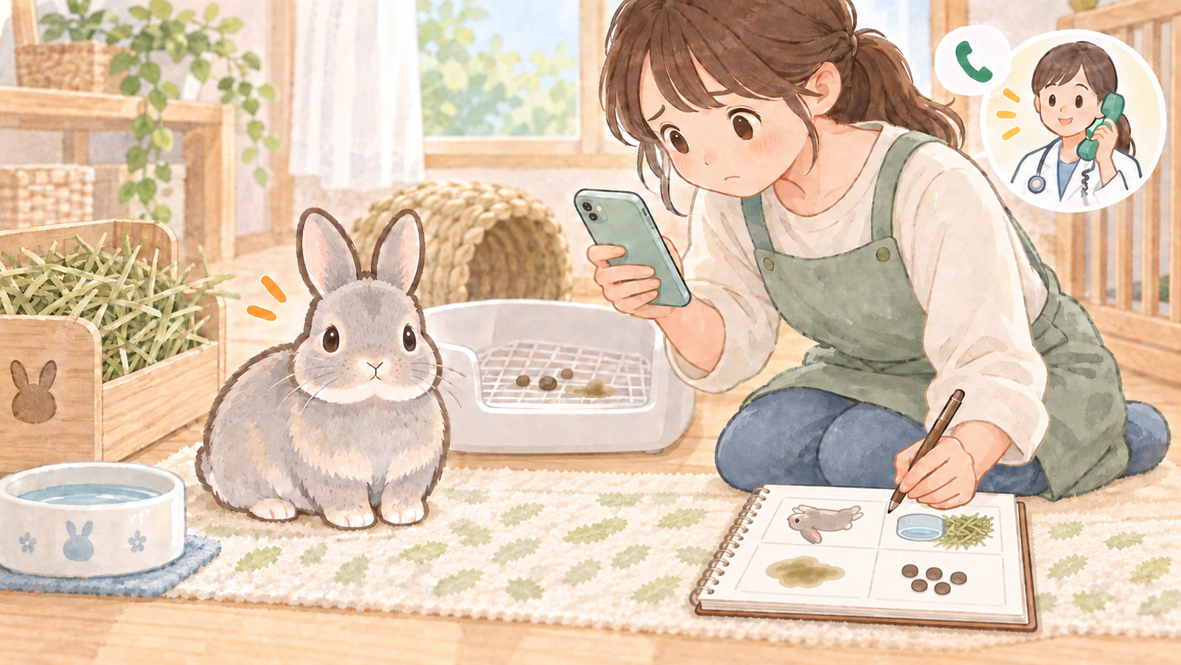 柔らかい便に気づいて心配そうな飼い主が、自分から見て正しい向きのノートにグレーのうさぎの硬い便、便の形、牧草と水、動きを記録し、獣医師へ電話する準備をしているイラスト