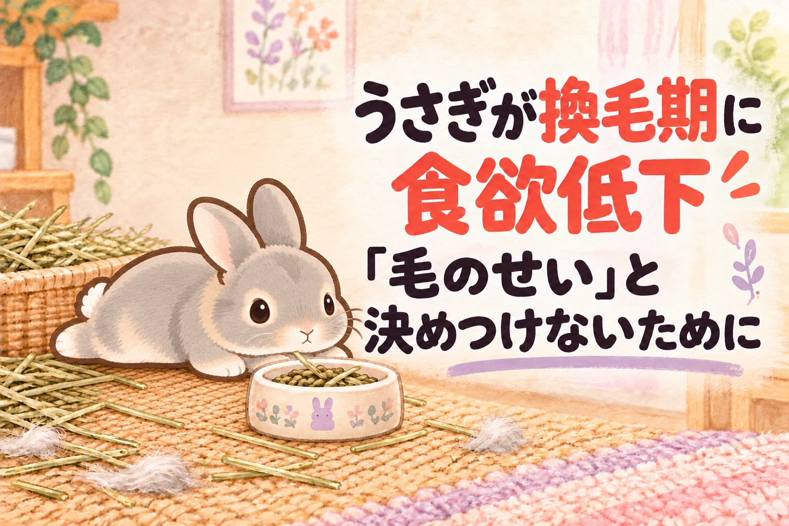 「うさぎが換毛期に食欲低下」「毛のせいと決めつけないために」の文字と、食器のそばで伏せる淡いグレーのふうちゃんを描いた、ライラックとコーラルのイラスト
