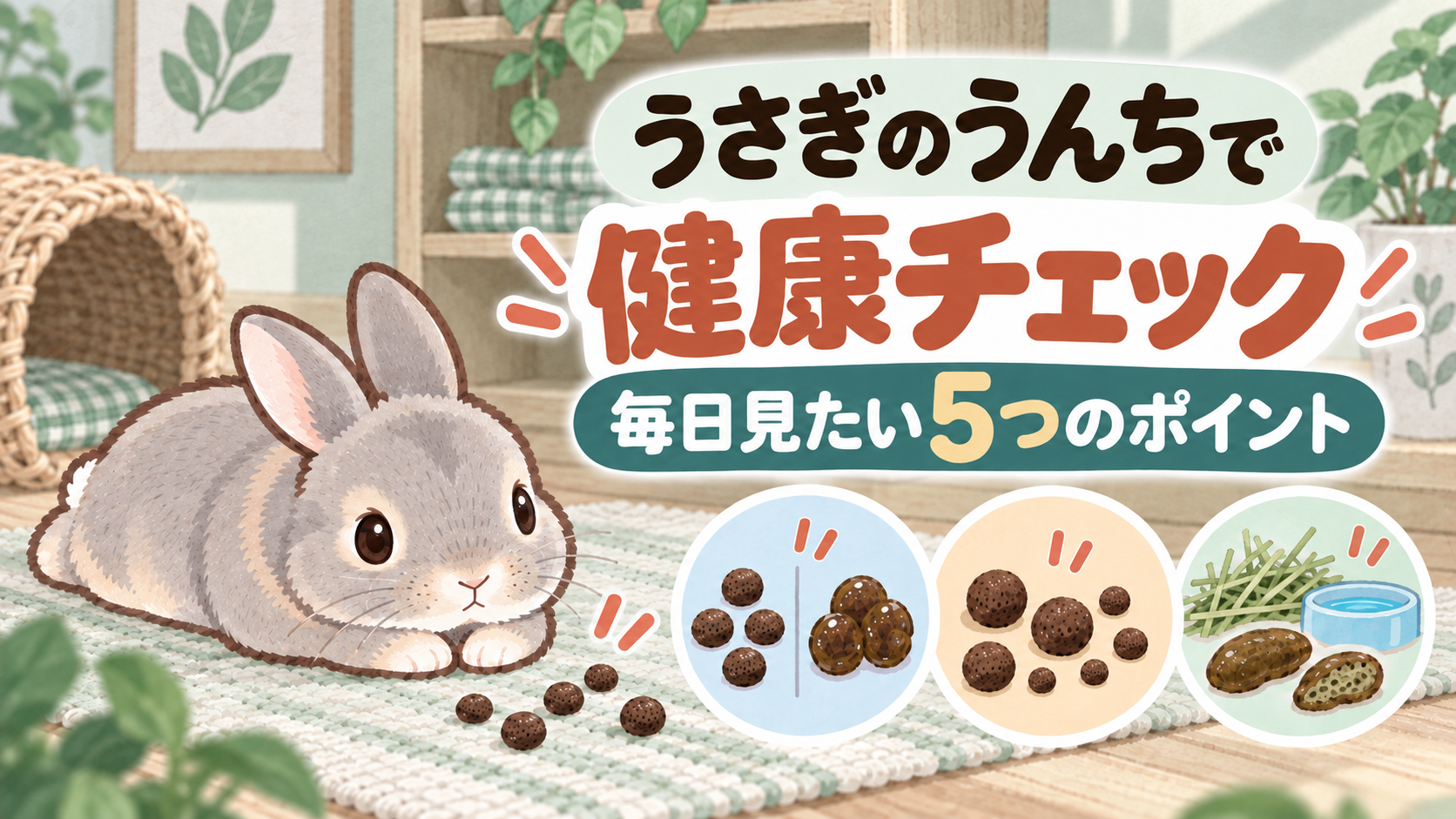 「うさぎのうんちで健康チェック 毎日見たい5つのポイント」の文字と、伏せてうんちを観察するふうちゃん、便の種類・量と大きさ・食事と水分を表す3つのアイコンを描いたイラスト