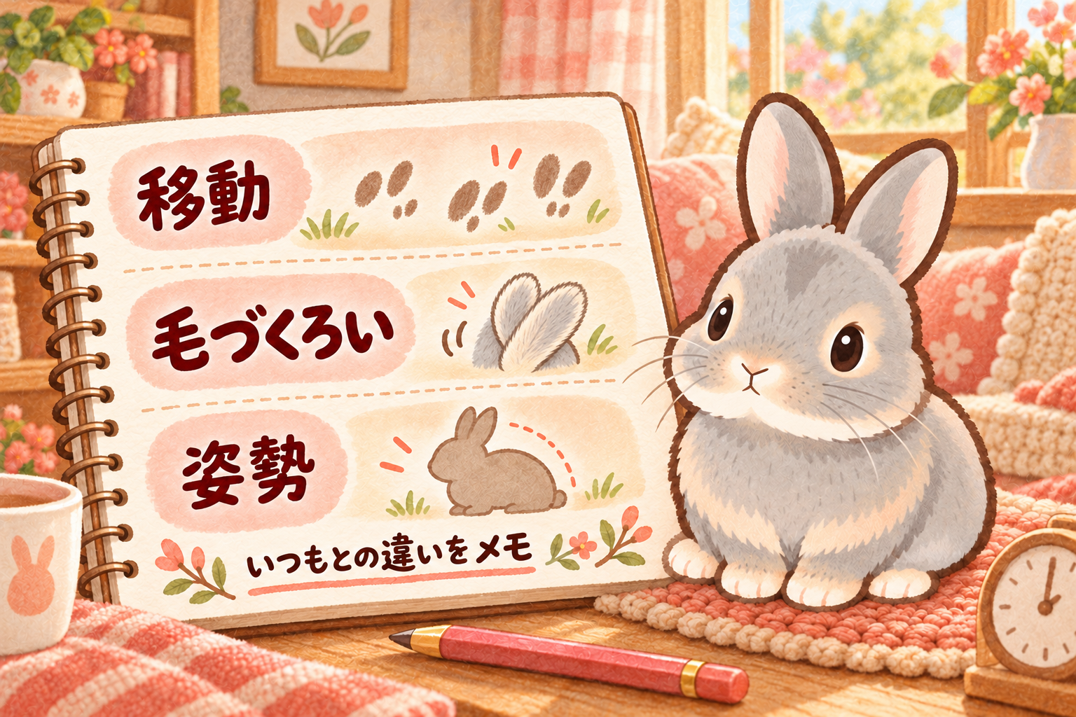 移動・毛づくろい・姿勢を記す観察ノートとグレーのふうちゃん。うさぎの足跡と毛に覆われた足を描いたコーラル色の水彩イラスト