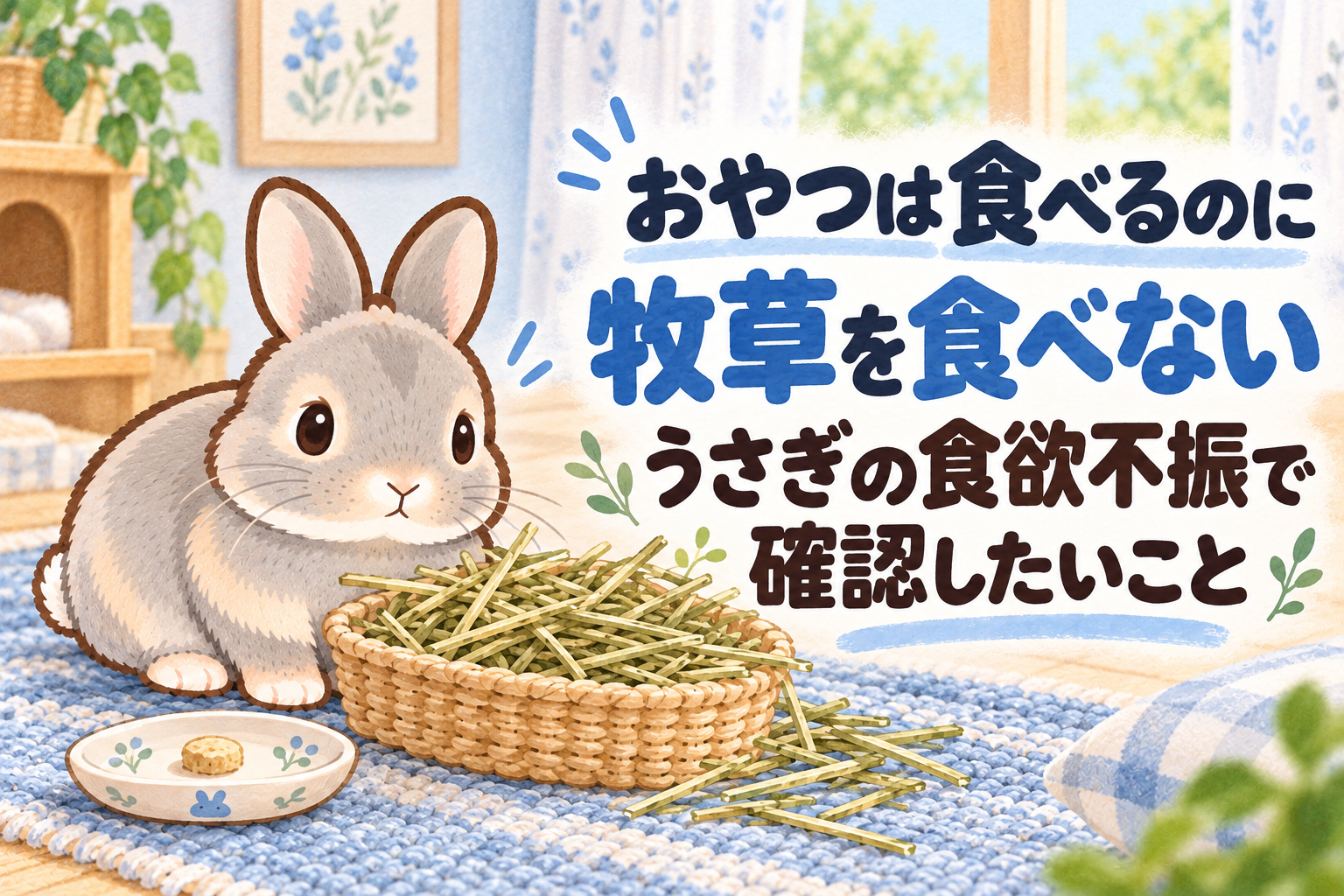 「おやつは食べるのに牧草を食べない」「うさぎの食欲不振で確認したいこと」の文字と、牧草のそばに座るグレーのふうちゃんを描いたブルー系の水彩イラスト