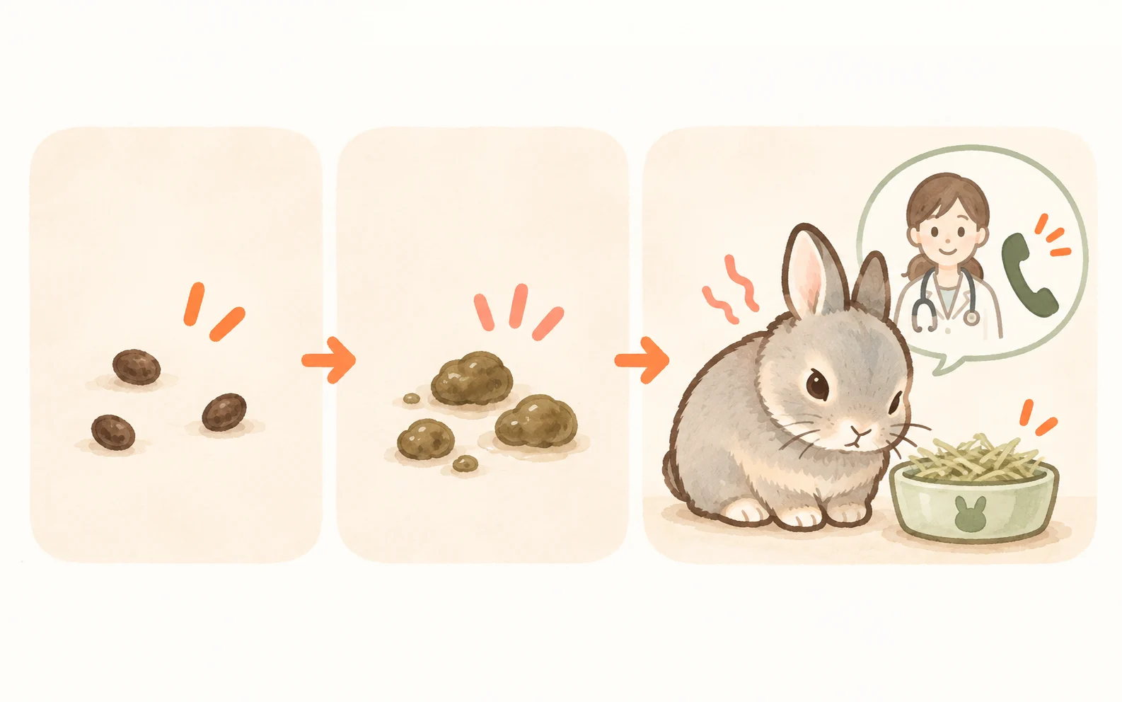 少なく小さいうんちや軟らかい便、食欲がなくうずくまるうさぎから、獣医師への相談につなげる流れを示したイラスト