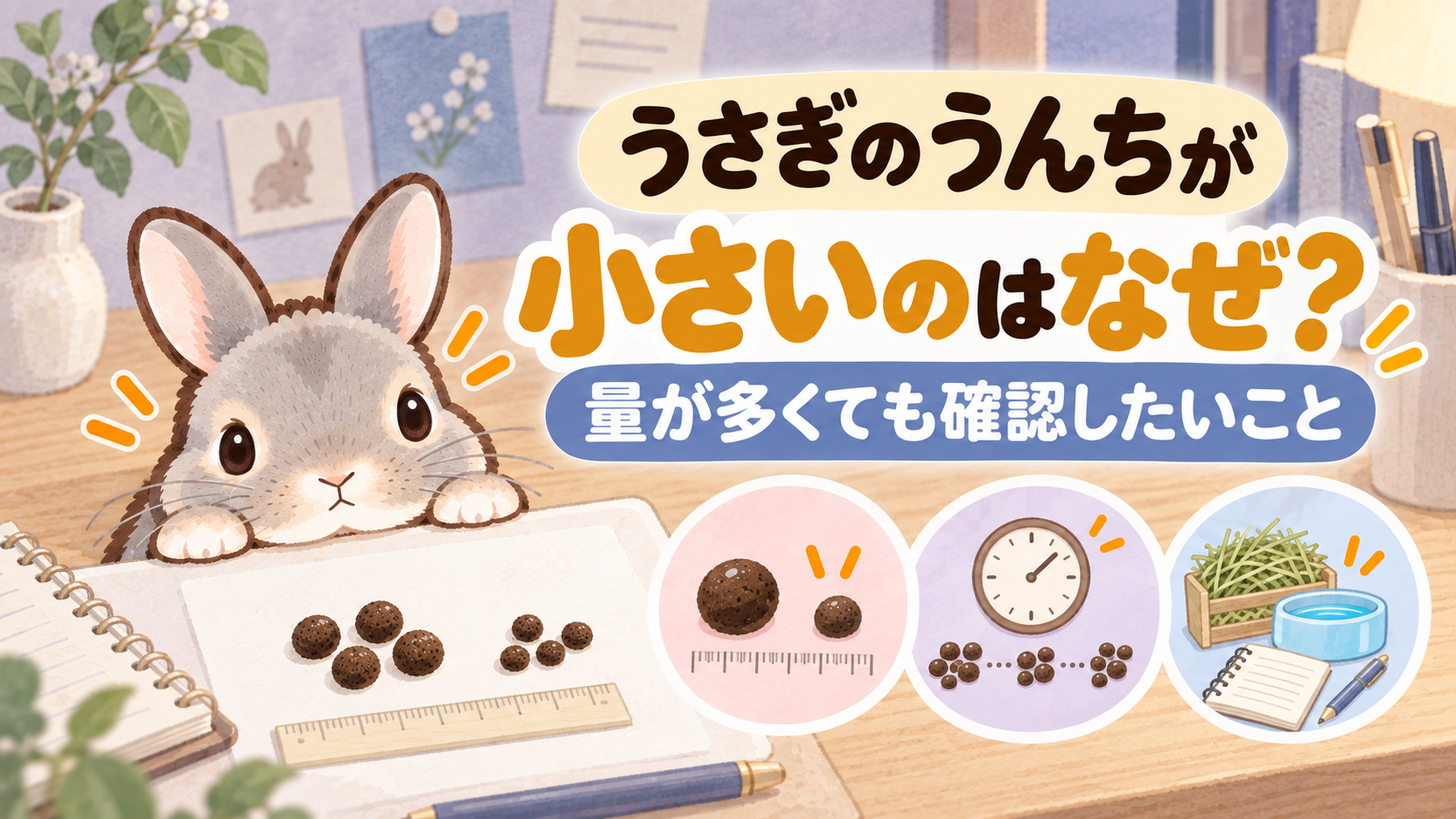 「うさぎのうんちが小さいのはなぜ？ 量が多くても確認したいこと」の文字と、記録台をのぞき込むふうちゃん、うんちの大きさ・確認時間・食事と記録を表す3つのアイコンを描いたイラスト